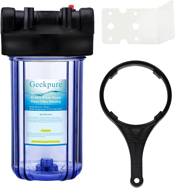 Geekpure 10 Inch Big Clear Water Filter Housing for Whole House Water Filtration with Wrench Bracket -1" Port-4.5" x 10"