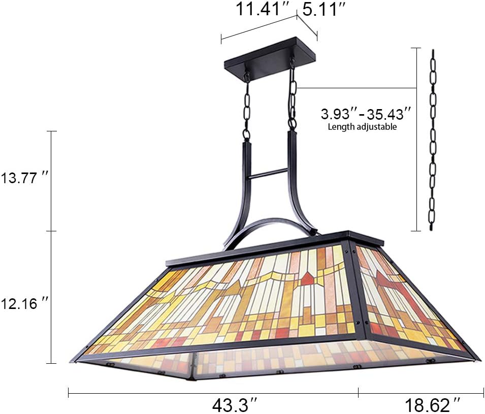 Wellmet 3-Lights Pool Table Lamp with Tiffany-Style Shade for 7' 8' 9' Table, 43.3” Vintage Billiards Light Fixtures Ceiling for Man Cave Club Bar Game Game Room