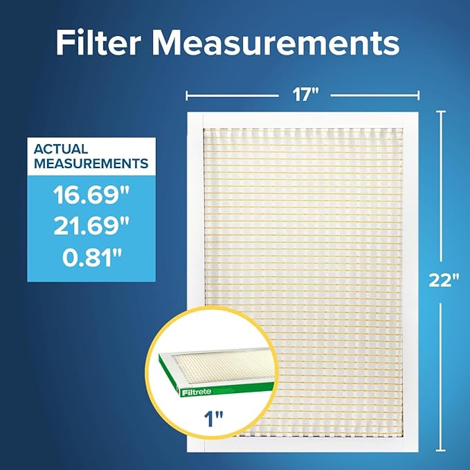 Filtrete 17x22x1 AC Furnace Air Filter, MPR 700, MERV 8, Tough on Pollen, Easy on Airflow, 3-Month Pleated 1-Inch Electrostatic Air Cleaning Filter, 4-Pack (Actual Size 16.69 x 21.69 x 0.81 in)
