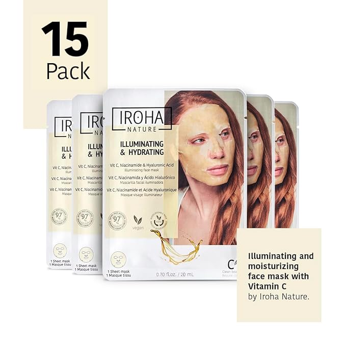 IROHA NATURE Brightening & Hydrating Face Mask with Pure Vitamin C and Hyaluronic Acid (Pack of 15) | Illuminates & Hydrates | Instant Results in 15 Minutes | 100% Biodegradable-FlexoryFit