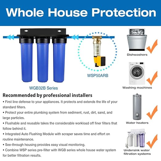 iSpring WGB32B-PB 3-Stage Whole House Water Filtration System (w/ 20” x 4.5” Fine Sediment, Carbon Block, and Lead Reducing Filters) w/ 3/4'' Push-Fit Stainless Steel Hose Connectors