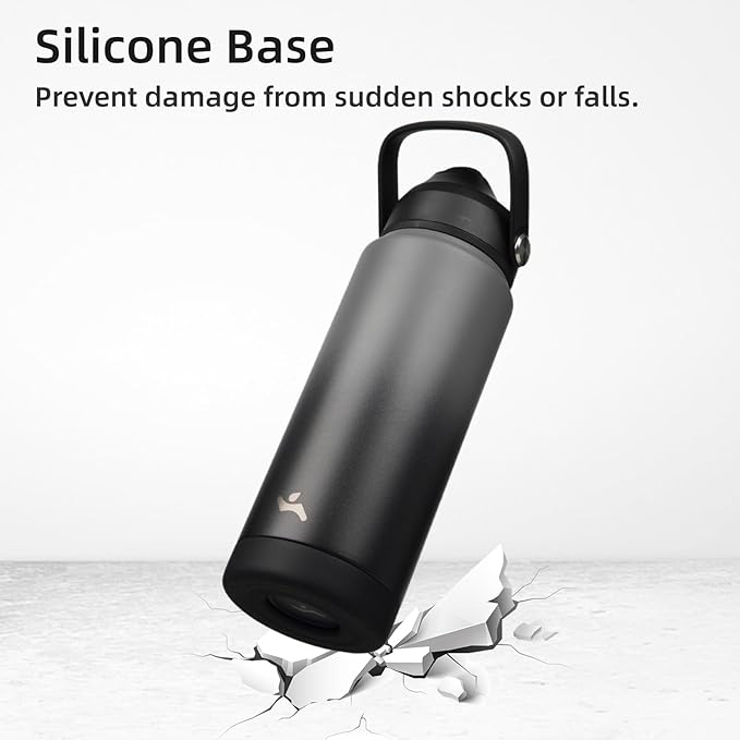 Insulated Water Bottle with Straw Lid,32 oz Stainless Steel Vacuum Metal Bottle with Silicone Handle,Gray Black-FlexoryFit