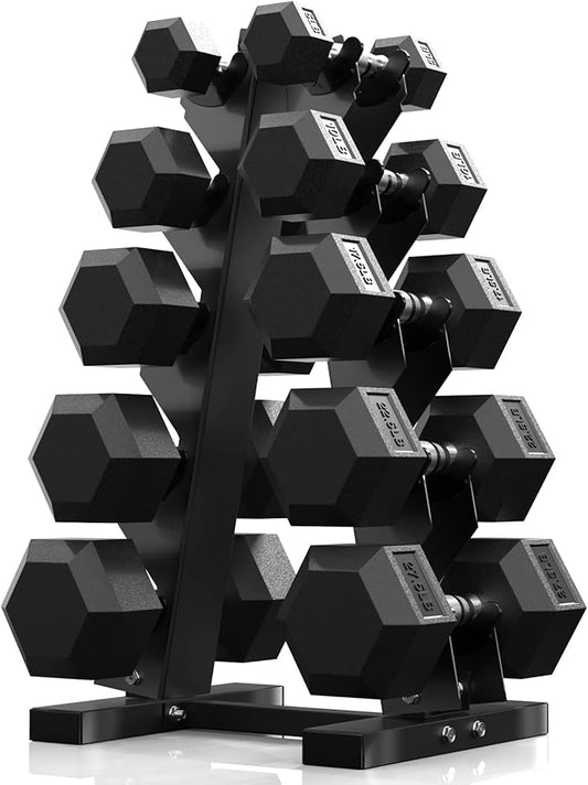 PAPABABE Hex Dumbbell Sets with Rack, 60-550lb Rubber Coated Dumbbell Weight Set and Storage Rack, Multiple Options Hand Weights for Strength Training-FlexoryFit