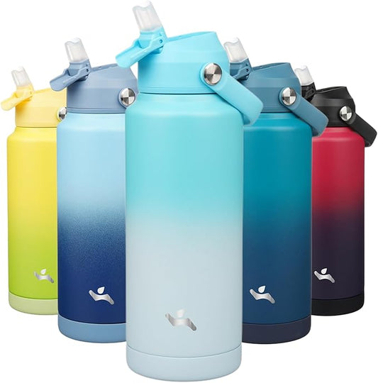 Insulated Water Bottle with Straw Lid,32 oz Stainless Steel Vacuum Metal Bottle with Silicone Handle,Sea Salt-FlexoryFit