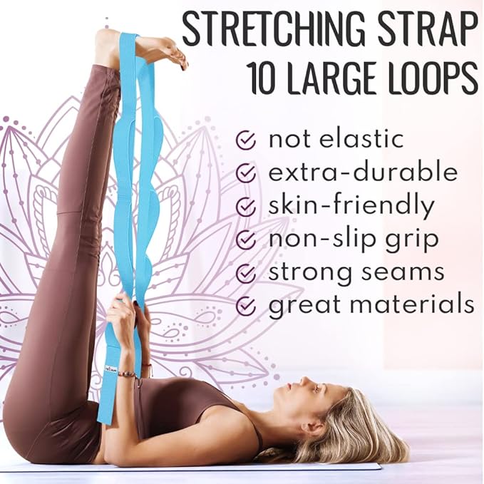 TECEUM Stretching Strap for Yoga & Physical Therapy – 10 Loops – Non-Elastic Leg Stretch Straps for Stretching, Exercising, Pilates, Post-Injury Rehabilitation for All Levels – Men & Women-FlexoryFit