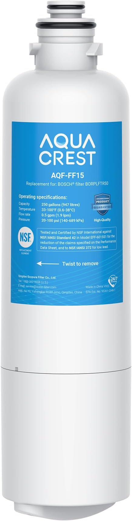 AQUA CREST 11032531 Replacement for Bosch® UltraClarity® Pro BORPLFTR50, 12033030 Refrigerator Water Filter, Compatible with 11025825, 12028325, BORPLFTR55, REPLFTR50, B36CT80SNS, WFC100MF, 1 Pack