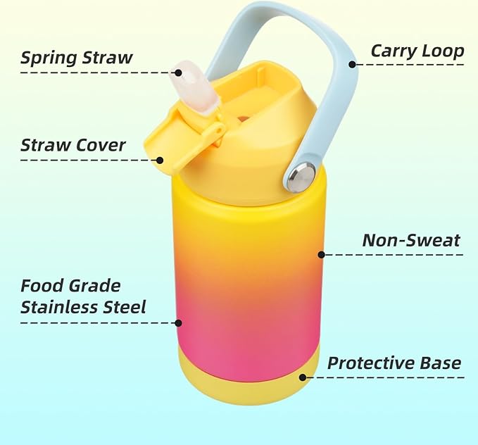 Insulated Water Bottle with Straw Lid,12 oz Stainless Steel Vacuum Metal Bottle with Silicone Handle,Rainbow-FlexoryFit