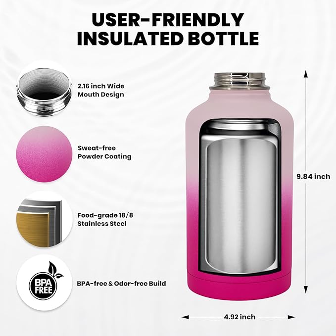 Insulated Water Bottle 64 oz, Triple Wall Vacuum Stainless Steel (Cold for 48 Hrs), Leak Proof & Non-BPA, Half Gallon Water Flask Jug with Paracord Handle & Straw Spout Lids, Ombre Pink-FlexoryFit