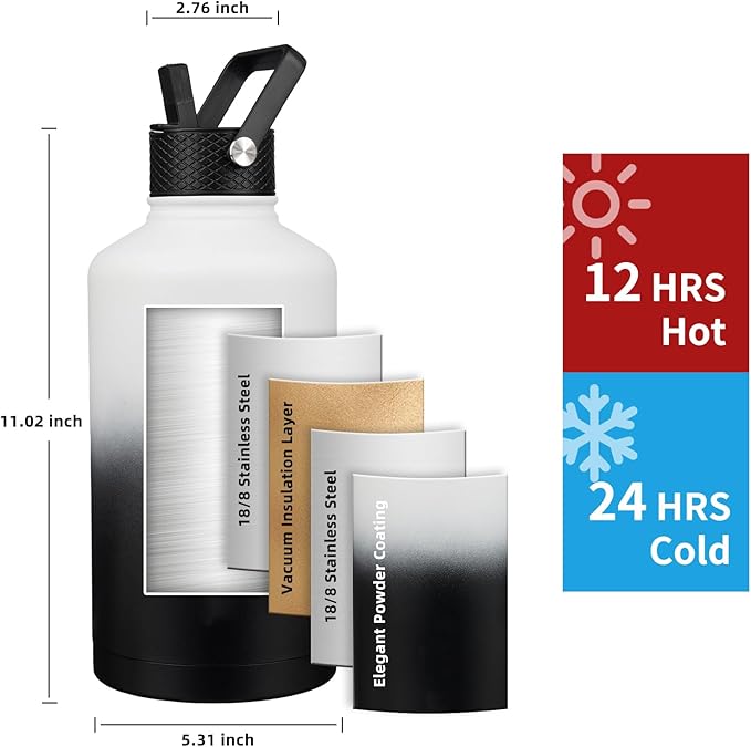 Insulated Water Bottle 64oz,Triple Wall Vacuum Stainless Steel(Dishwasher Safe),Leak Proof & Non-BPA,Flask Jug with Paracord Handle & Straw Spout Lids Sports-FlexoryFit