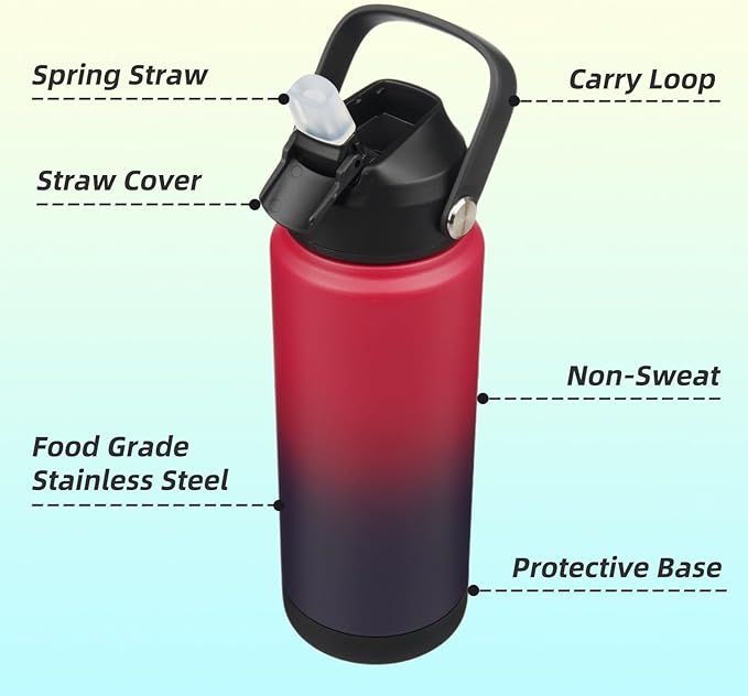 Insulated Water Bottle with Straw Lid,24 oz Stainless Steel Vacuum Metal Bottle with Silicone Handle,Rosy Red-FlexoryFit