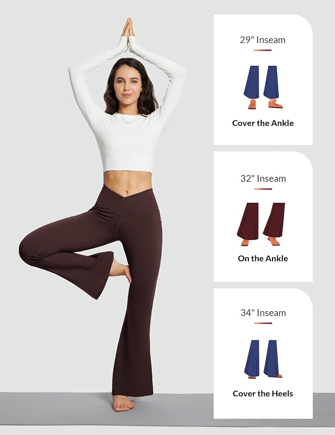 baleaf Women's V Crossover Flare Leggings with Pockets Yoga Pants High Waist Casual Workout Gym Bell Bottom Leggings-FlexoryFit