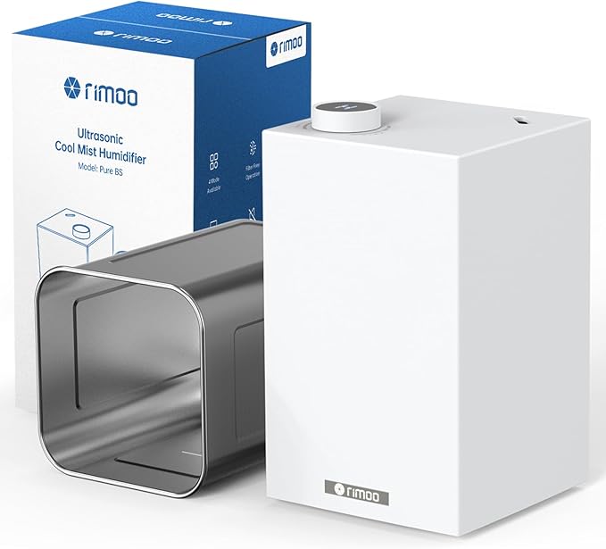 Stainless Steel Humidifier, Cool Mist Humidifiers with Only 3 Parts Easy to Clean, Top Fill Humidifier with 1-9H Timer, 30dB Whisper-Quiet, Filterless for Bedroom Large Baby Room Office