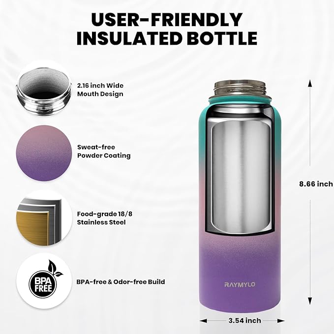 Insulated Water Bottle 32 oz, Triple Wall Vacuum Stainless Steel (Cold for 48 Hrs), Leak Proof & Non-BPA, Modern Water Flask Jug with Paracord Handle & Straw Spout Lids, Hydrangea-FlexoryFit