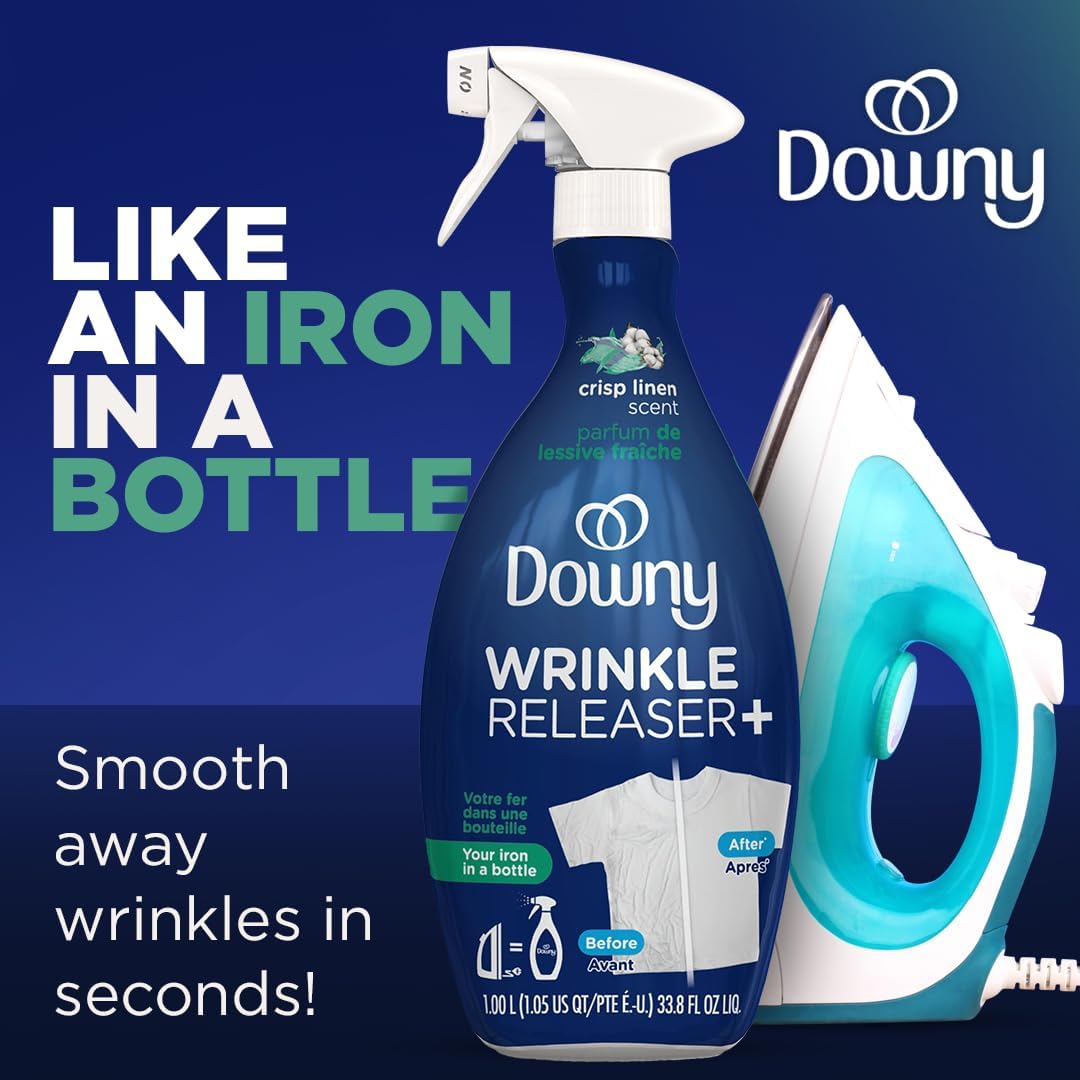 Downy Wrinkle Release Spray, Travel Size Spray, All In One Formula, Removes Wrinkles, Static and Odor Eliminator, Crisp Linen Scent, 3 Fl Oz, Pack of 3
