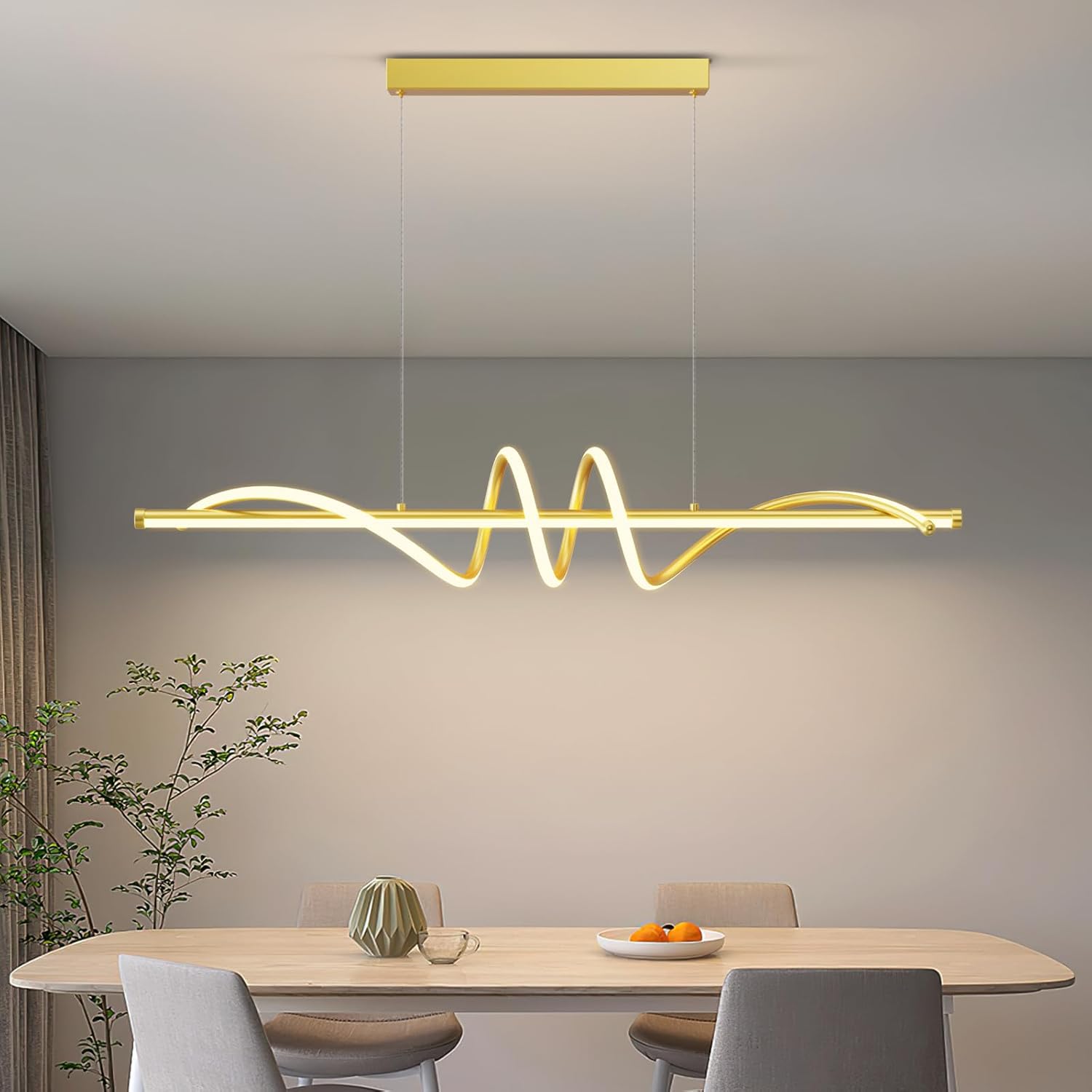 Modern LED Pendant Lights, 47in Gold Chandelier Dimmable with Remote Control 3000k-6000K Adjustable Color Temperature, Aluminum Island Lighting Lamp Fixture for Kitchen, Dining Room