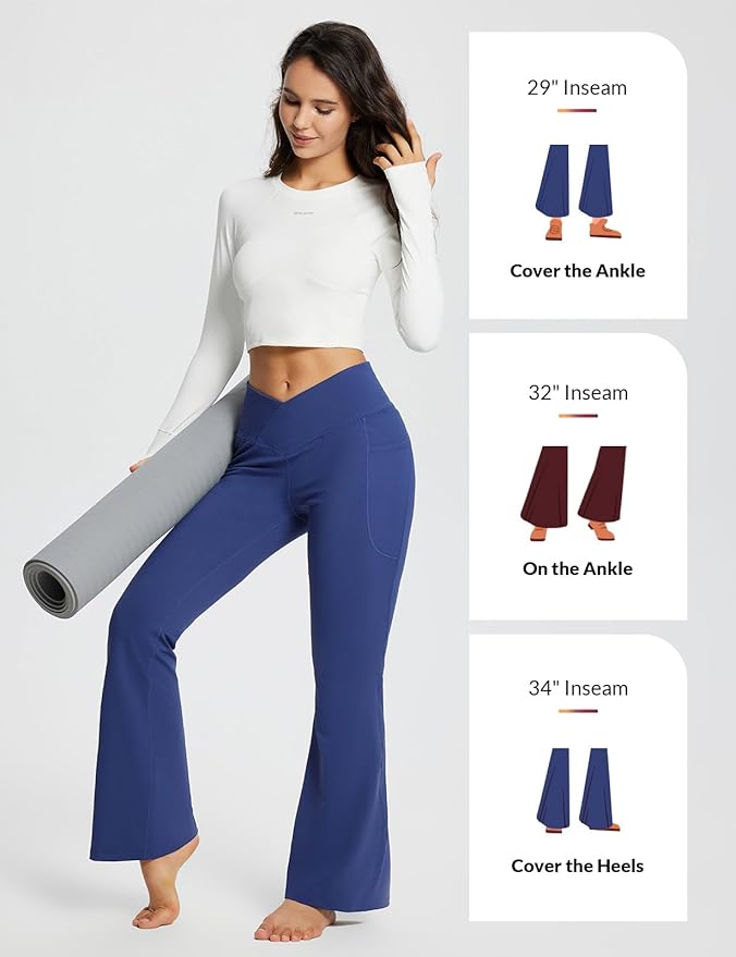 baleaf Women's V Crossover Flare Leggings with Pockets Yoga Pants High Waist Casual Workout Gym Bell Bottom Leggings-FlexoryFit
