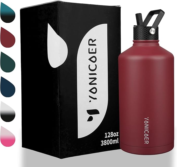 Insulated Water Bottle 64oz,Triple Wall Vacuum Stainless Steel(Dishwasher Safe),Leak Proof & Non-BPA,Flask Jug with Paracord Handle & Straw Spout Lids Sports-FlexoryFit