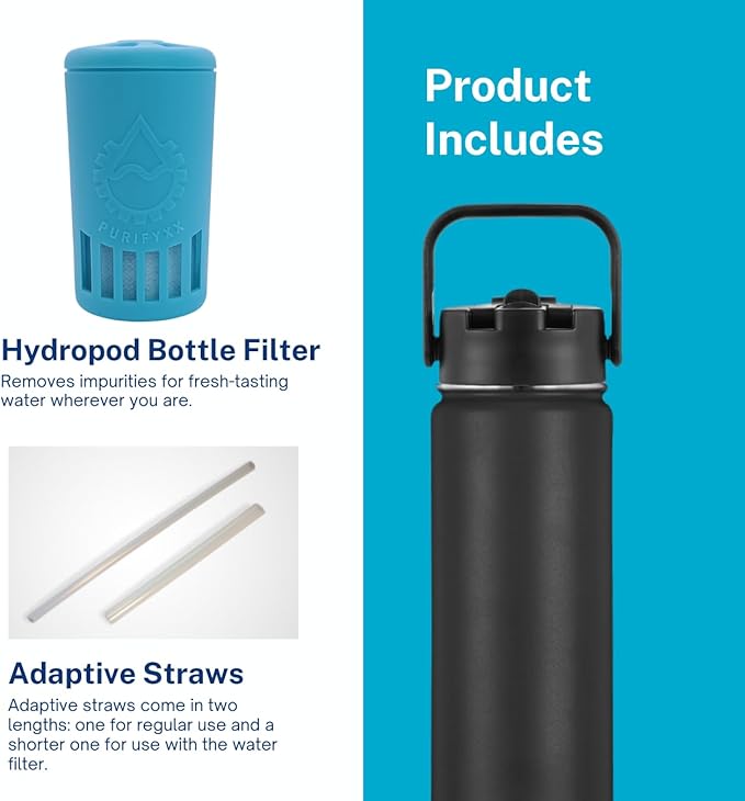 HydroBottle | Stainless Steel Filtered Water Bottle, 24 oz | BPA-Free, Removes Lead, Chlorine, Arsenic, VOCs | Filter Lasts 3 Months, Replaces 568 Plastic Bottles (Black)