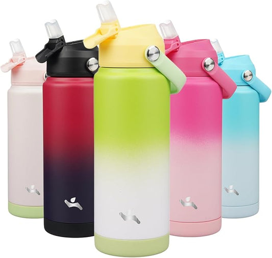 Insulated Water Bottle with Straw Lid,24 oz Stainless Steel Vacuum Metal Bottle with Silicone Handle,GreenWhite-FlexoryFit