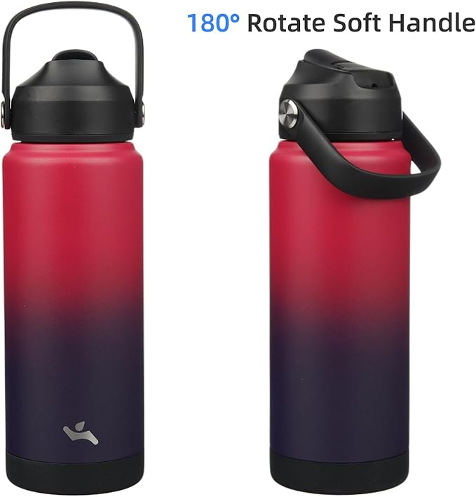 Insulated Water Bottle with Straw Lid,24 oz Stainless Steel Vacuum Metal Bottle with Silicone Handle,Rosy Red-FlexoryFit