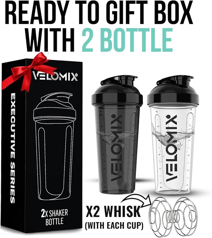 '-2 Pack- 28 oz Protein Shaker Bottles for Protein Mixes - 2x Wire Whisk | Leak Proof Shaker Cups for Protein Shakes | Bottle Pack | Shakers for Protein Shakes-(With Gift Box)-FlexoryFit