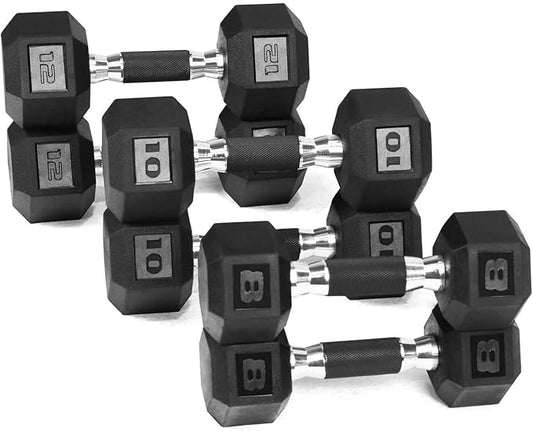 WF Athletic Supply Rubber Encased Hex Dumbbells with Rubber Grip Contoured Handle for Muscle Toning, Strength Building & Full Body Workout-FlexoryFit