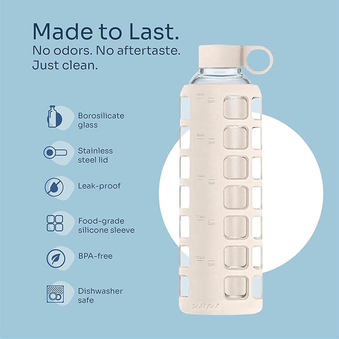 purifyou 40oz / 32oz / 22oz / 12oz Borosilicate Glass Water Bottle with Time & Volume Markers, Silicone Sleeve, Stainless Steel Lid | Reusable Glass Bottle for Water & Juice (32oz Pearled Ivory)