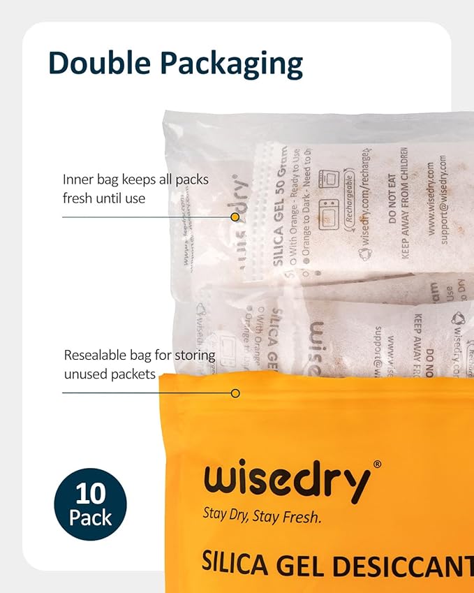 wisedry 50 Gram [10 Packs] Silica Gel Packets Microwave Fast Reactivate Desiccan Packs with Indicating Beads