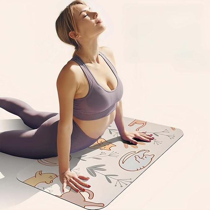 Mini Yoga Mat with Playful Cat Design, Yoga Knee Pads,Double-Sided Non-Slip, Meditation,Exercise Mat for Women&family use,White-FlexoryFit