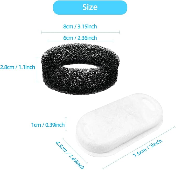 Official Replacement Filters for Tomxcute Cat Water Fountain 108oz/3.2L and 135oz/4.0L, 8 Pack Filters & 8 Sponges Foam Filter