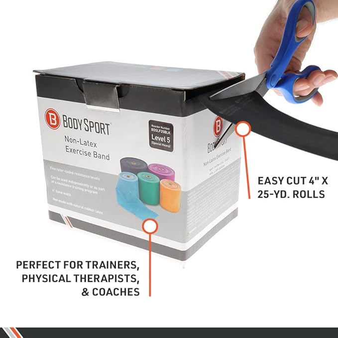 Body Sport Exercise Band, 25 yd. x 4 in. Roll, Low Resistance - Home & Gym Fitness Equipment for Stretching, Strength Training & Physical Therapy (Light Resistance Blue)-FlexoryFit