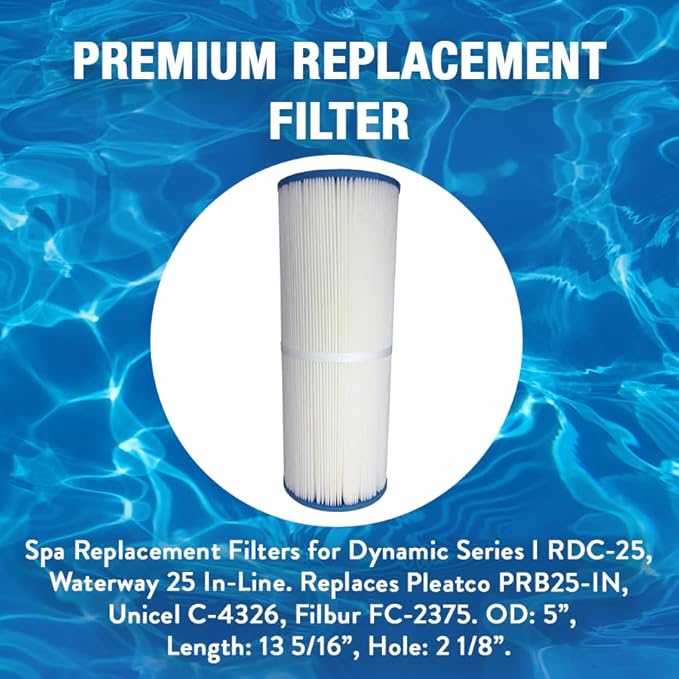 Doheny's PRB50-IN1 Spa Filter | Repl. Filter for Dynamic Series IV-DFM, Waterway 50 in-Line | Replaces Pleatco PRB50-IN, Unicel C-4950, Filbur FC-2390. OD: 5”, Length: 13 5/16”, Hole: 2 1/8” | 1-Pack