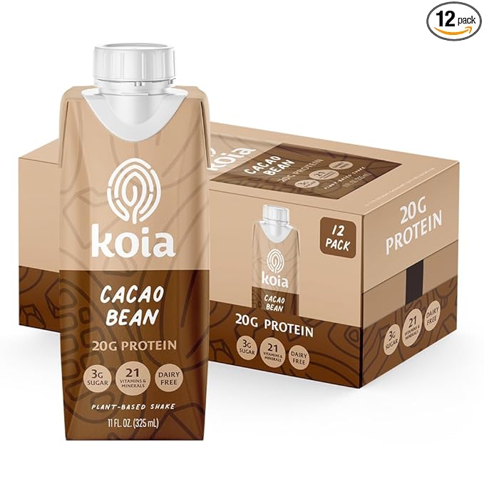 Koia Plant Based Protein Shake, Cacao Bean, 20g Protein, 3g Sugar, 6g Prebiotic Fiber, 21 Vitamins & Minerals, Meal Replacement Drinks, Dairy-Free, Gluten-Free, Non-GMO, 11 Fl Oz (Pack of 12)-FlexoryFit