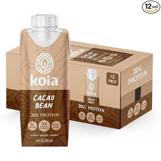 Koia Plant Based Protein Shake, Cacao Bean, 20g Protein, 3g Sugar, 6g Prebiotic Fiber, 21 Vitamins & Minerals, Meal Replacement Drinks, Dairy-Free, Gluten-Free, Non-GMO, 11 Fl Oz (Pack of 12)-FlexoryFit