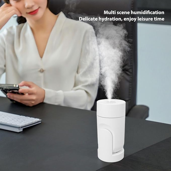 Portable Mini Humidifier,USB Automatic Rotating Super Quiet Small Desktop Cool Mist Humidifier for Bedroom Office Car Travel (White)