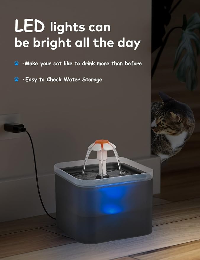 Cat Water Fountain Black Plastic: Cat Fountain Flower - Pet Water Fountain for Cats Indoor - 67oz/2L Small Cat Drinking Fountain with Led Light - Ultra Silent Water Fountain for Cats - AONBOY