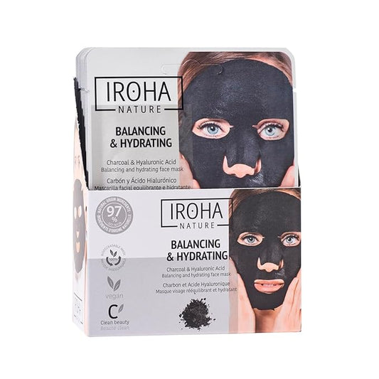 IROHA NATURE Rebalancing & Hydrating Tissue Face Mask | 15 Pieces | With Charcoal & Hyaluronic Acid | Deep Purifying for Clean, Clear Skin | Results in 15 Minutes | 100% Vegan-FlexoryFit