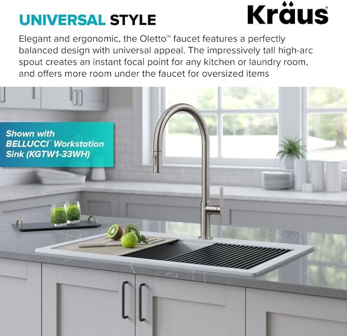 KRAUS Oletto High-Arc Single Handle Pull-Down Kitchen Faucet in Spot Free Stainless Steel, KPF-2821SFS