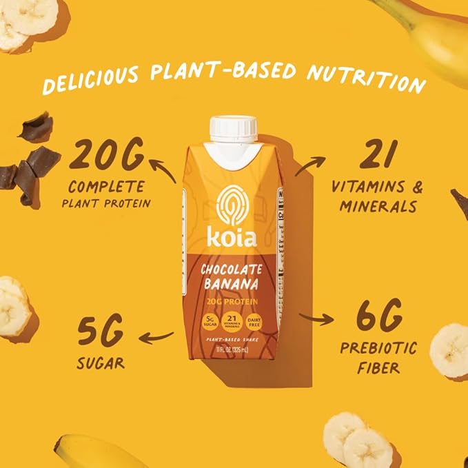 Koia Plant Based Protein Shake, Chocolate Banana, 20g Protein, 5g Sugar, 6g Prebiotic Fiber, 21 Vitamins & Minerals, Meal Replacement Drinks, Dairy-Free, Gluten-Free, Non-GMO, 11 Fl Oz (Pack of 12)-FlexoryFit