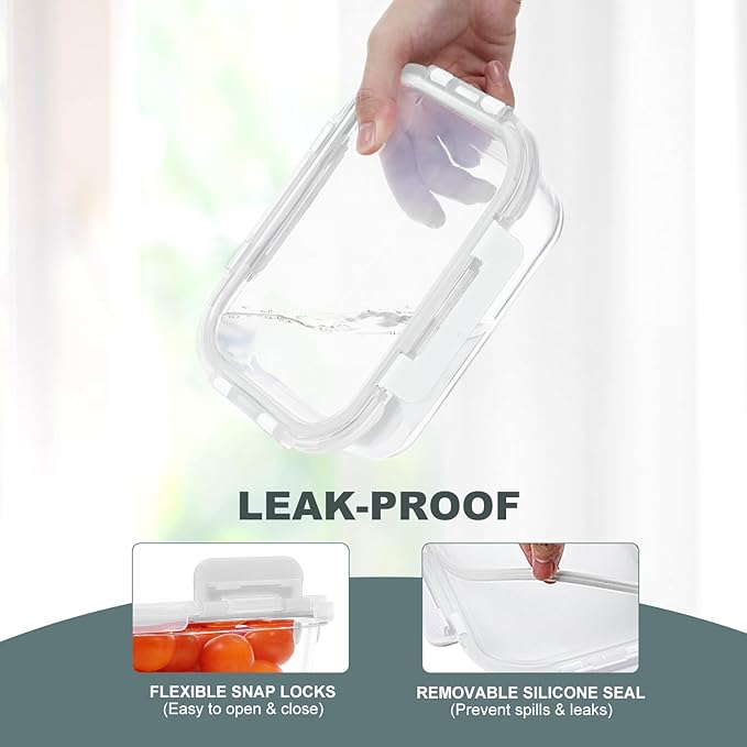10 Pack Glass Food Storage Containers, Meal Prep Containers with Lids, Airtight Glass Lunch Boxes, Freezer, Oven, and Microwave Safe, White-FlexoryFit