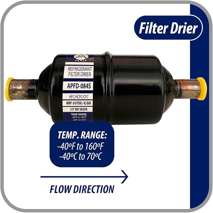 Appli Parts APFD-084S 1/2 in Liquid Line Refrigerant AC Filter Drier hvac Refrigeration 084S ODF Sweat Solder connection universal unidirectional 6in long 2 in wide