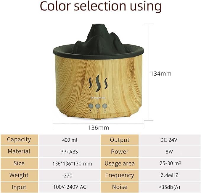 Essential Oil Diffuser for Home, 400ml Aromatherapy Volcano Diffuser, Cool Mist Humidifier with Two Light(Red, Blue), Auto-Off Vaporizer for Large Room Office, Wood Grain Quiet Timer.