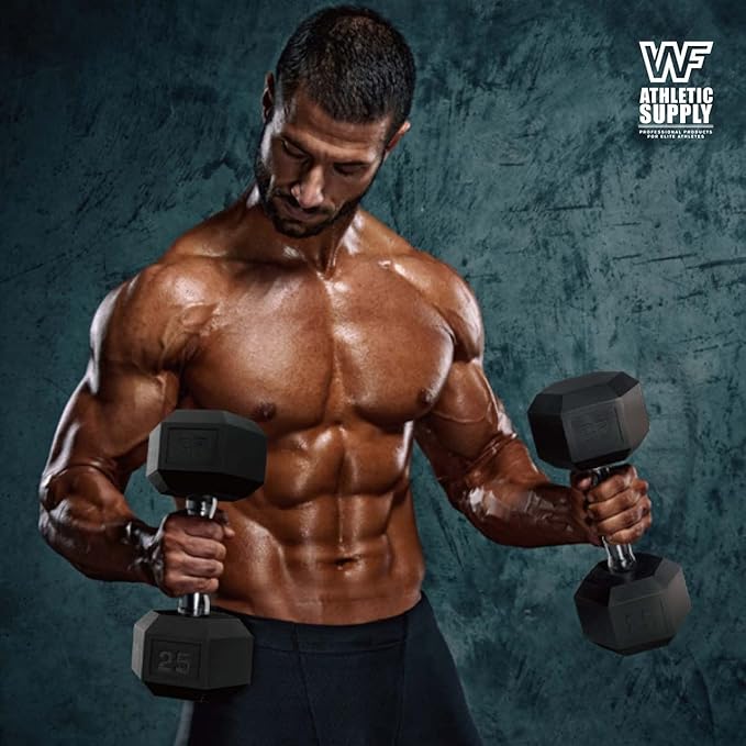 WF Athletic Supply Rubber Encased Hex Dumbbells with Rubber Grip Contoured Handle for Muscle Toning, Strength Building & Full Body Workout-FlexoryFit