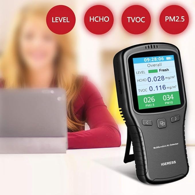 Indoor Air Quality Monitor, IGERESS Formaldehyde Detector, Pollution Monitor,Dust Tester, Detect Indoor HCHO/TVOC/PM2.5/PM10 (Gray)
