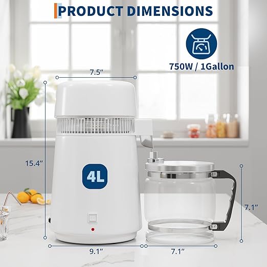 GarveeHome Water Distillers for Home Countertop, 1Gal/4L Stainless Steel Distilled Water Machine with Glass Container, 750W Desktop Drinking Purifier Filter Distilling Kit