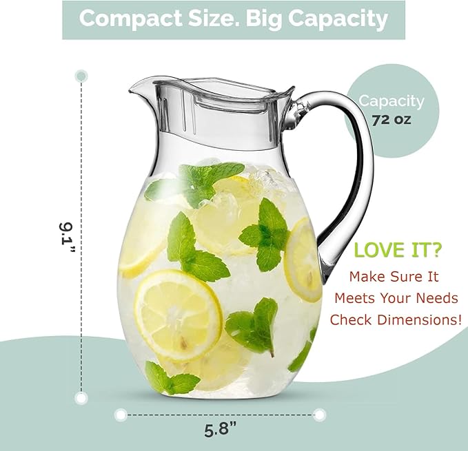 MosJos Acrylic Pitcher (72 oz), Clear Plastic, Water Pitcher with Lid, Shatterproof, BPA-Free Clear Pitcher, Ideal for Sangria, Lemonade, Juice, Iced Tea & More