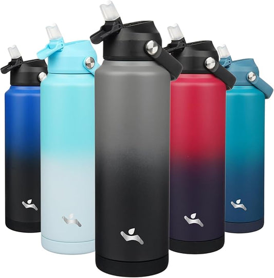 Insulated Water Bottle with Straw Lid,40 oz Stainless Steel Vacuum Metal Bottle with Silicone Handle,Gray Black-FlexoryFit