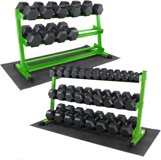 WF Athletic Supply Rubber Coated Hex Dumbbell Set, Multiple Choices Available - Dumbbells with Rack Stand and Mat, or Dumbbells Only (200/550/1200/2100/3000 LB)-FlexoryFit