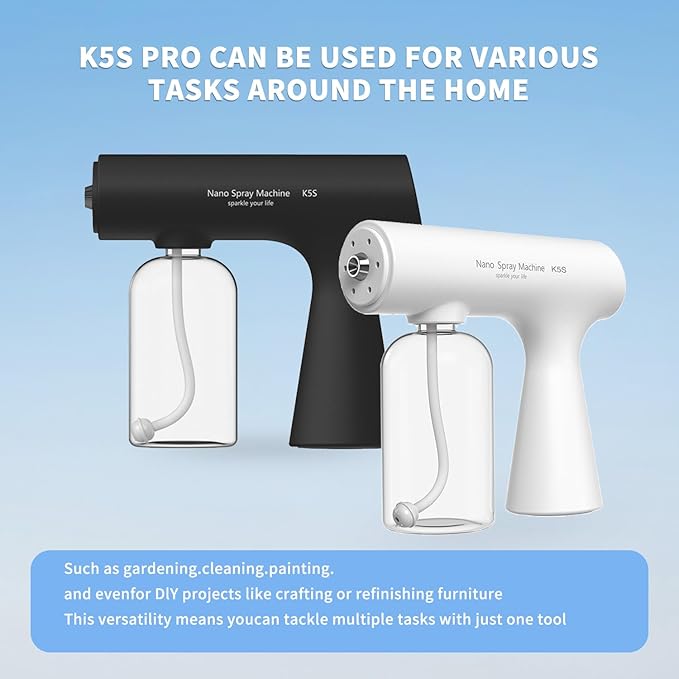 Handheld Rechargeable ULV Nano Mist Mister with Blue Light Electrostatic Technology, Portable Barbershop Humidifier for Hair Salons, Home, Office & Car Wireless Atomizer for Air Refresh(K5SPro Black)