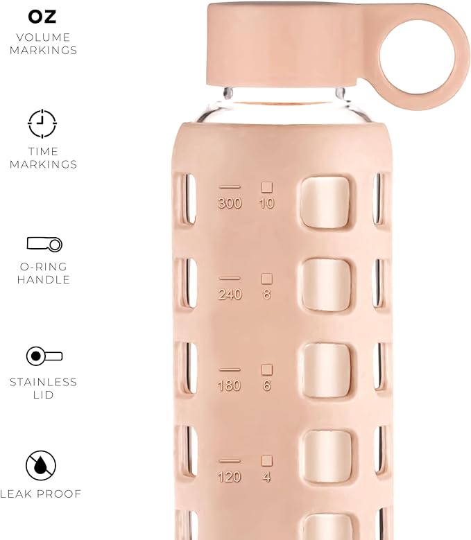 purifyou 40oz / 32oz / 22oz / 12oz Borosilicate Glass Water Bottle with Time & Volume Markers, Silicone Sleeve, Stainless Steel Lid | Reusable Glass Bottle for Water & Juice (12oz Hazelnut)